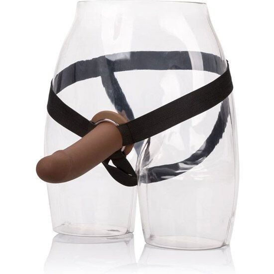 Calexotics PPA con cinturino marrone, dispositivo di piacere con cinturino regolabile, visibile con dettagli in pelle marrone.
