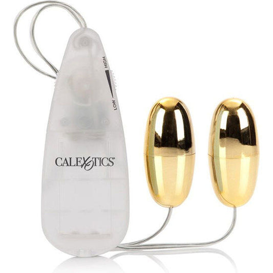 Proiettili vibranti CALEXOTICS Gold Duo, set di stimolatori portatili con finitura dorata, ideali per piacere personale e intimità.