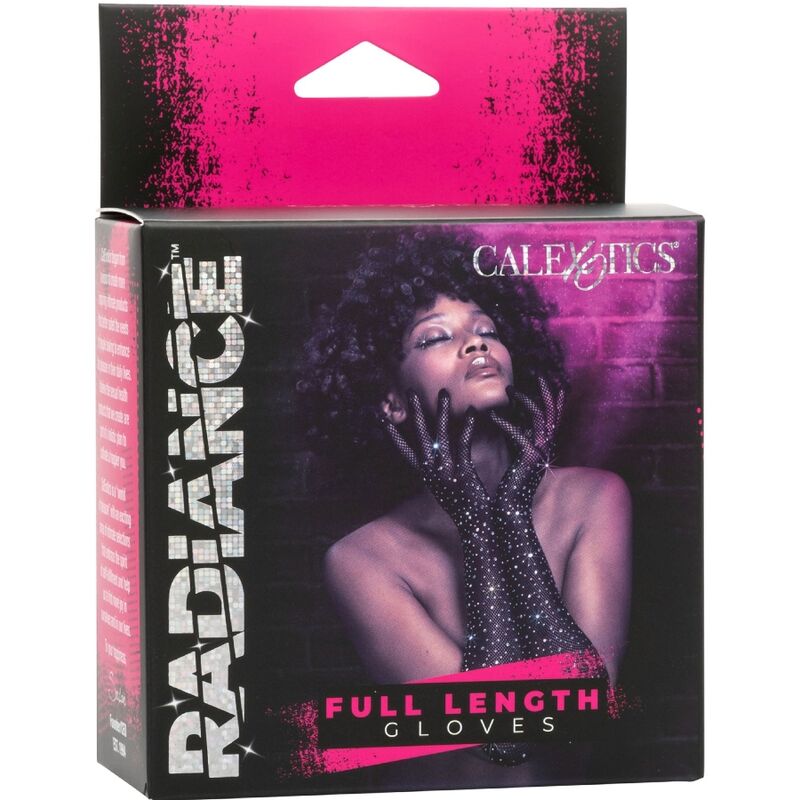 Guanti lunghi CALEXOTICS Radiance, morbidi e eleganti, ideali per look sofisticati e sensuali, mostrati indossati.