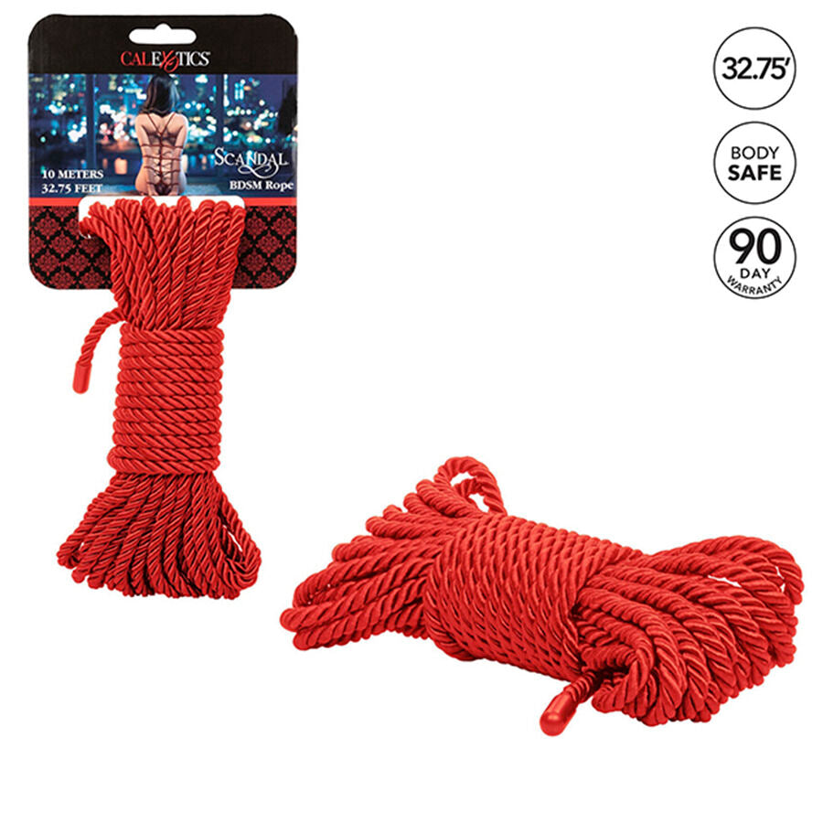 Corda BDSM rossa da 10 metri del marchio CALEXOTICS, ideale per giochi di bondage e pratiche BDSM in ambienti privati.