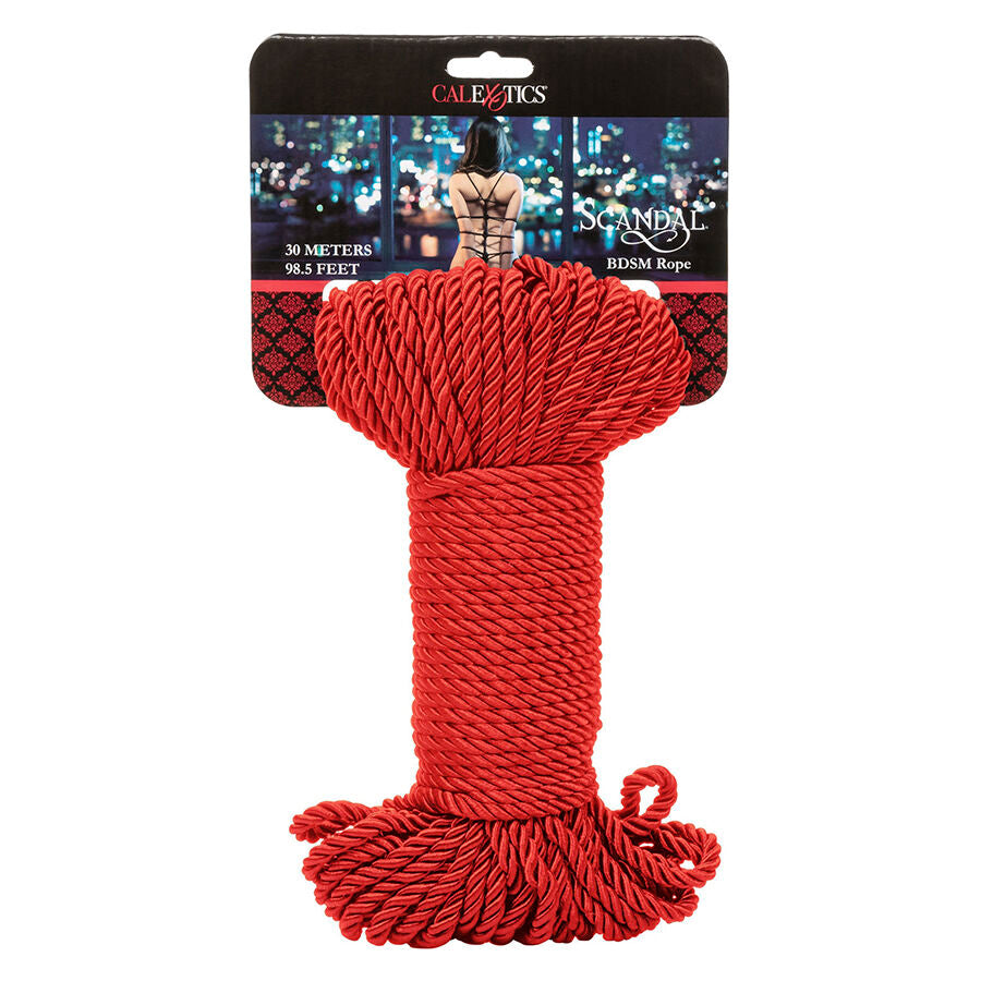 Corda BDSM rossa da 30 metri del marchio Calexotics, ideale per giochi di bondage e discipline.