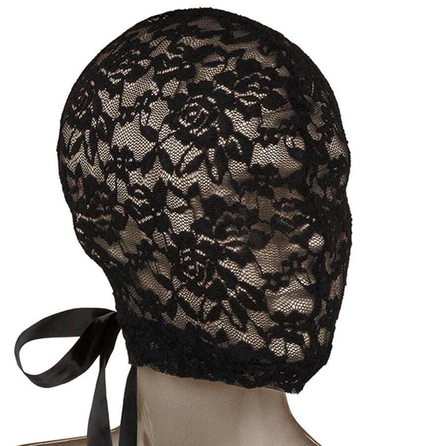 Passamontagna nero in pizzo CALEXOTICS SCANDAL con fiocco, copricapo elegante in tessuto delicato e raffinato.