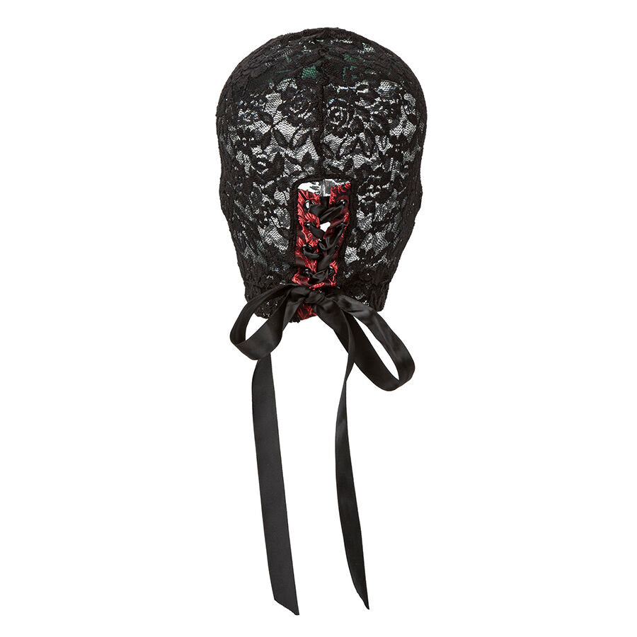 Passamontagna in pizzo nero CALEXOTICS SCANDAL con fiocco, copricapo elegante e misterioso in tessuto delicato.