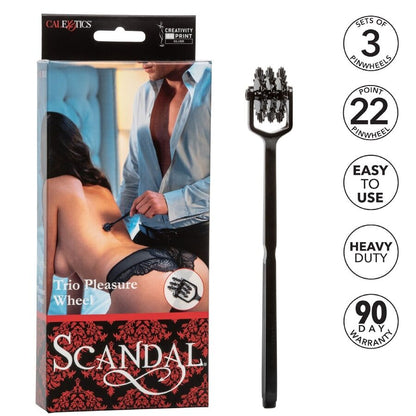 Calexotics Scandalo Tripla Ruota del Piacere con tre ruote vibranti, mostrata nella confezione con dettagli colorati e design elegante.
