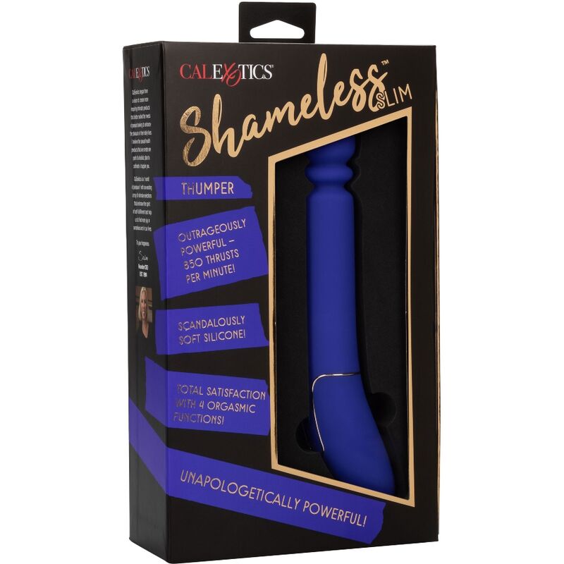Calexotics ShameLess Slim Thumper blu, dispositivo vibrante compatto e potente, con design ergonomico per stimolazione piacevole.