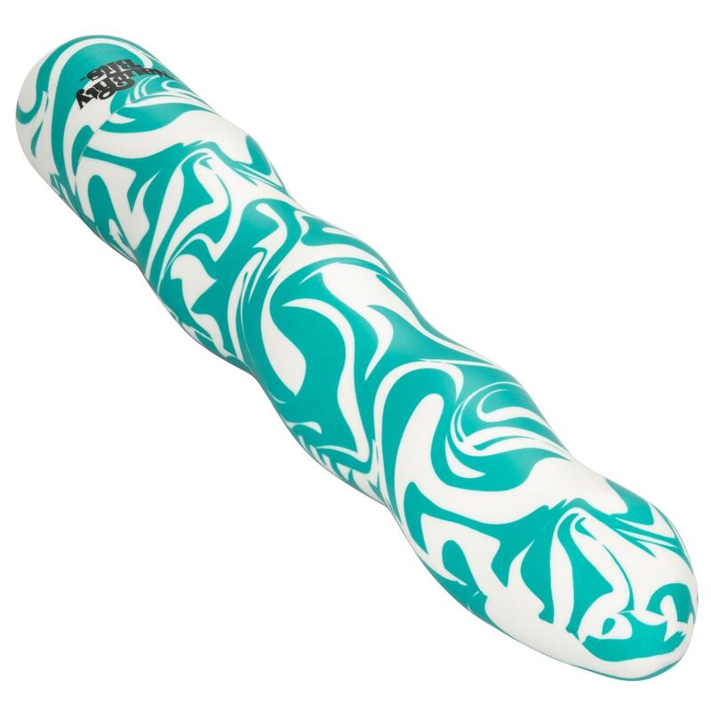 Calexotics Squiggle Dick Personale, giocattolo sessuale in silicone con design curvo e stimolante, visibile in primo piano.