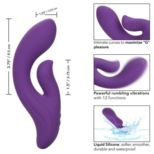 Calexotics Stella Dual Pleaser Viola, vibratore a doppio stimolatore in silicone viola, dettagli realistici e design ergonomico.