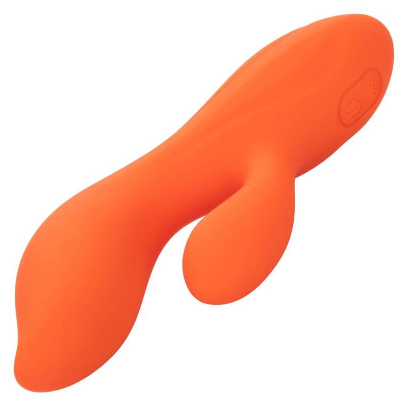 Calexotics Stella Dual Teaser arancione, dispositivo di stimolazione con design ergonomico e dettagli vibranti, vista frontale.