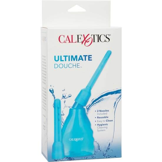 Doppio getto di acqua blu del sex toy CALEXOTICS Ultimate Douche, design ergonomico e funzionale per uso intimo.