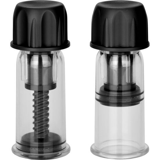 Ventose per capezzoli neri CALEXOTICS, modello Colt, in silicone, progettate per stimolazione sensuale e piacere personale.