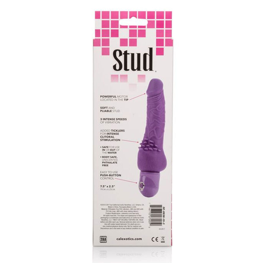 Vibratore viola Power Stud Cliterrific di CALEXOTICS, con forma ergonomica e dettagli realistici, su sfondo neutro.