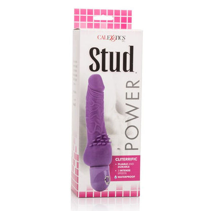 Vibratore viola Power Stud Cliterrific di CALEXOTICS, visibile con dettagli e texture in primo piano sul prodotto.