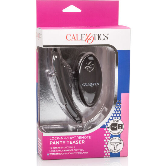 Dispositivo CALEXOTICS XO Remote Lock N Play Panty Teaser indossato, controllo remoto per giochi di intimità e piacere.