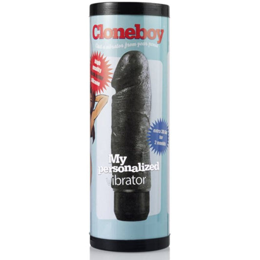 Kit clonatore del pene CLONEBOY con vibrazione nero, visibile con parti in silicone e dettagli tecnici.