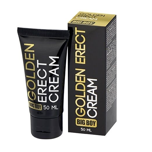 Crema eretta dorata COBECO Big Boy, vasetto dorato con packaging nero, crema per il benessere maschile, prodotto cosmetico.