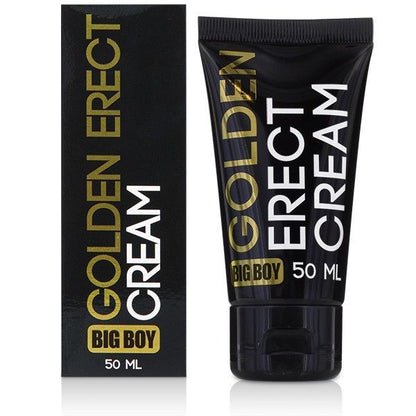 Crema eretta dorata COBECO BIG BOY, confezione con tubetto, prodotto per il benessere maschile, imballaggio con etichetta e logo.