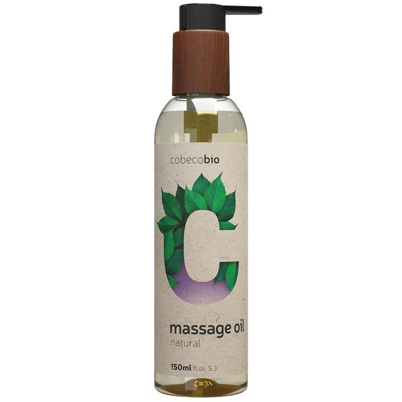 Olio da massaggio naturale COBECO BIO in bottiglia da 150 ml, con etichetta e tappo, ideale per massaggi rilassanti.