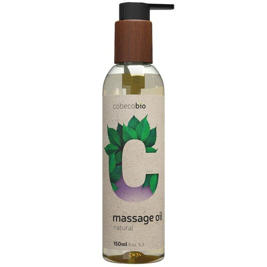 Olio da massaggio naturale COBECO BIO in bottiglia da 150 ml, con etichetta e tappo, ideale per massaggi rilassanti.