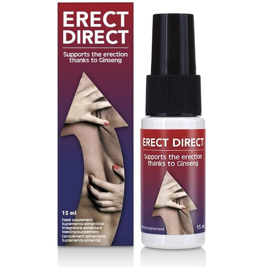 Flacone di COBECO Eretto Diretto 15ml, integratore per il benessere sessuale maschile, confezione con etichetta blu e bianca.