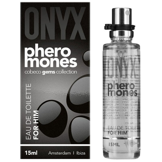 Profumo COBECO ONYX Pheromones Eau de Toilette per uomo, flacone da 15ml con etichetta e dettagli visibili.