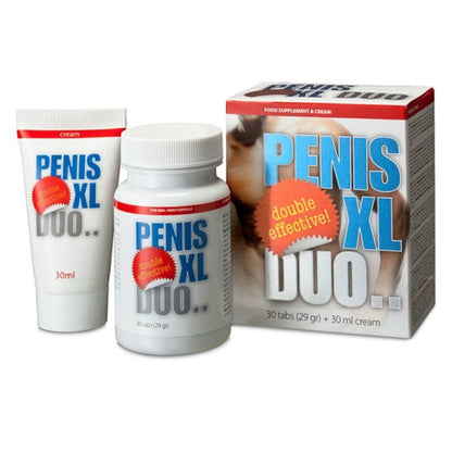 Capsule e crema COBECO Penis XL Duo Pack, prodotti per migliorare le dimensioni e la performance maschile, confezione con flaconi e tubetto.