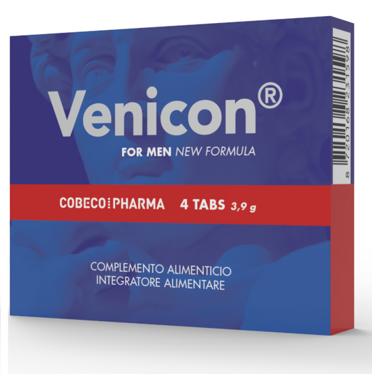Integratore COBECO Venicon per uomo con 4 compresse, confezione con capsule di colore blu e bianco, marchio COBECO PHARMA