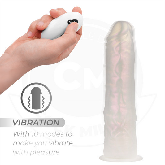 Dildo con ventosa, luci e vibrazione COCK MILLER, colore bianco, lunghezza 19,5 cm, telecomando incluso, dettagli visivi.