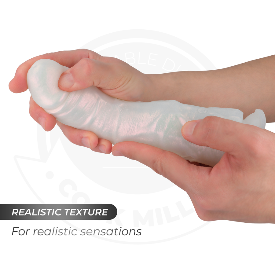 Dildo con ventosa, luci e vibrazione COCK MILLER, colore bianco, lunga 19,5 cm, con telecomando, visibile in immagine