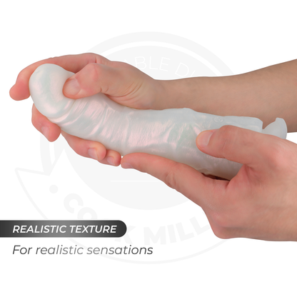 Dildo con ventosa, luci e vibrazione COCK MILLER, colore bianco, lunga 19,5 cm, con telecomando, visibile in immagine