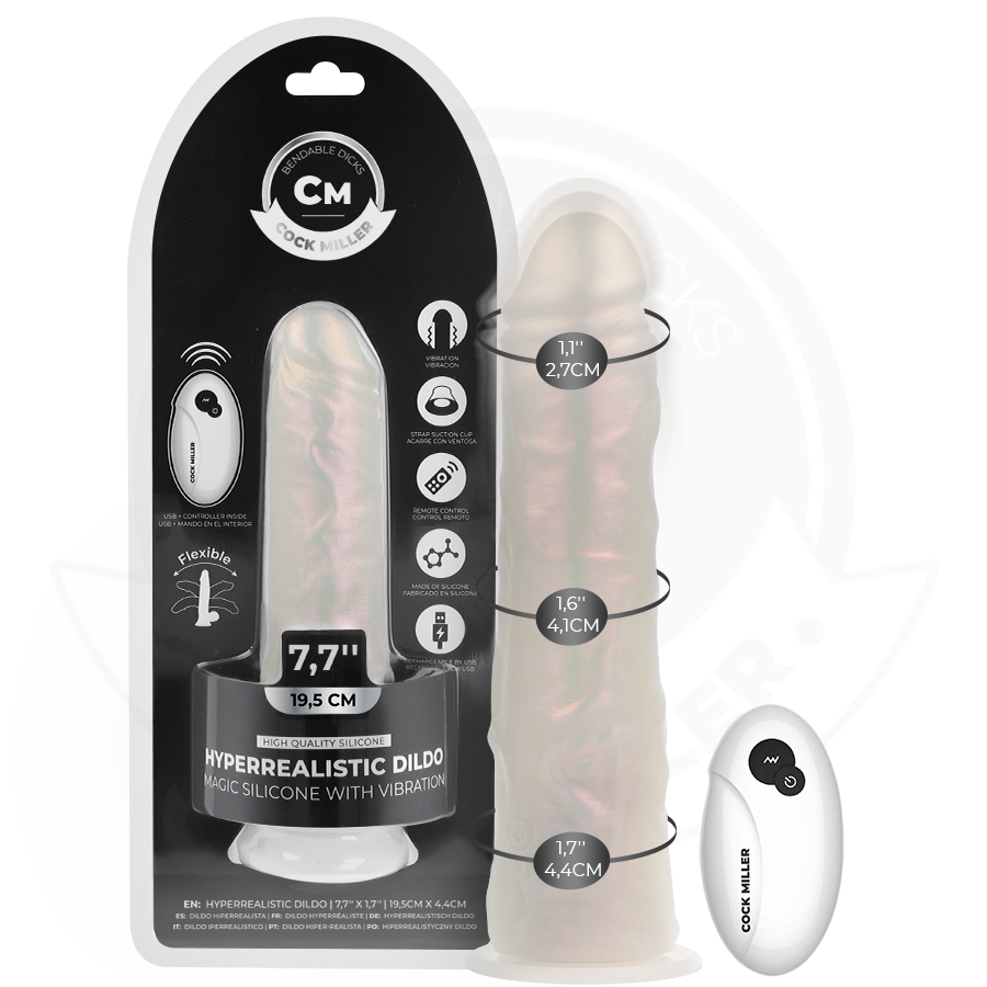 Dildo con ventosa, luci e vibrazione COCK MILLER, colore bianco, lungo 19,5 cm, con telecomando e design ergonomico.