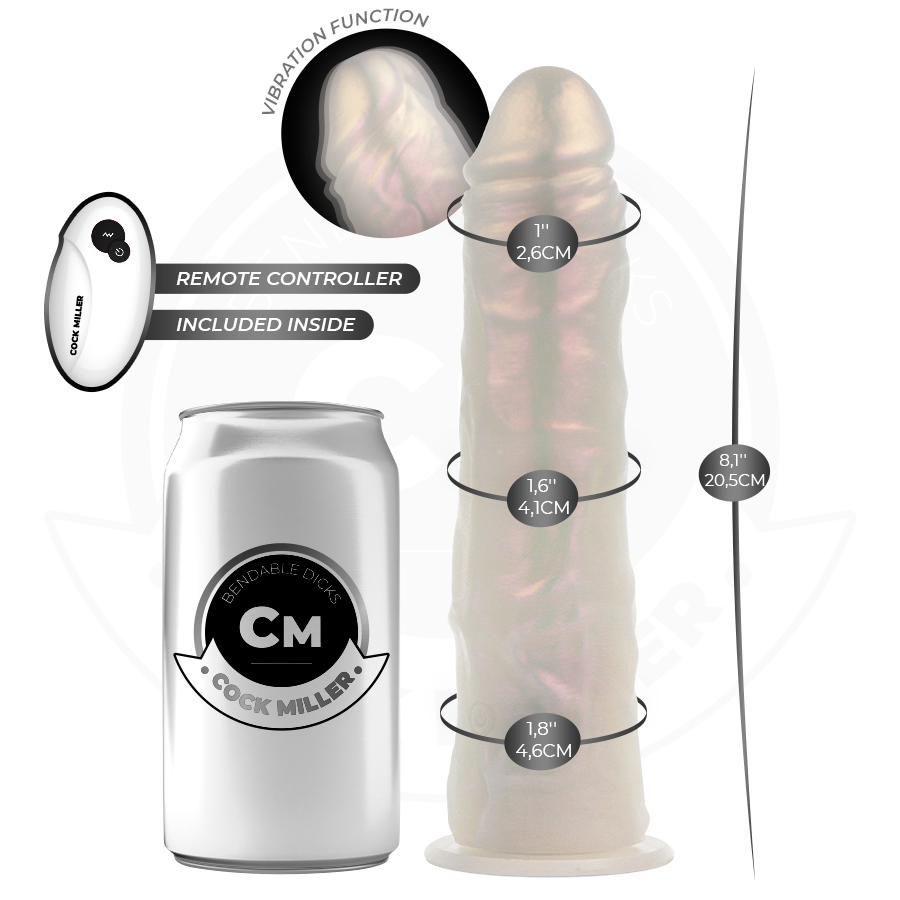Dildo con ventosa, luci e vibrazione di Cock Miller, colore bianco, 20,5 cm, telecomando incluso, oggetto di piacere.