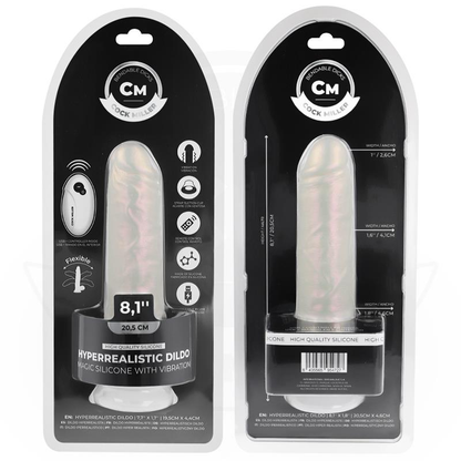 Dildo con ventosa COCK MILLER, luci e vibrazione, telecomando, colore bianco, lunghezza 20,5 cm su superficie liscia.