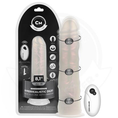 Dildo con ventosa, luci e vibrazione color bianco di 20,5 cm, prodotto COCK MILLER, con telecomando, visibile in dettaglio.