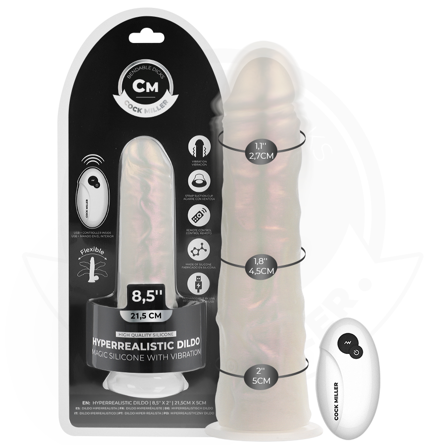 Dildo con ventosa, luci e vibrazione della linea Cock Miller, colore bianco, lunghezza 21,5 cm, telecomando incluso.