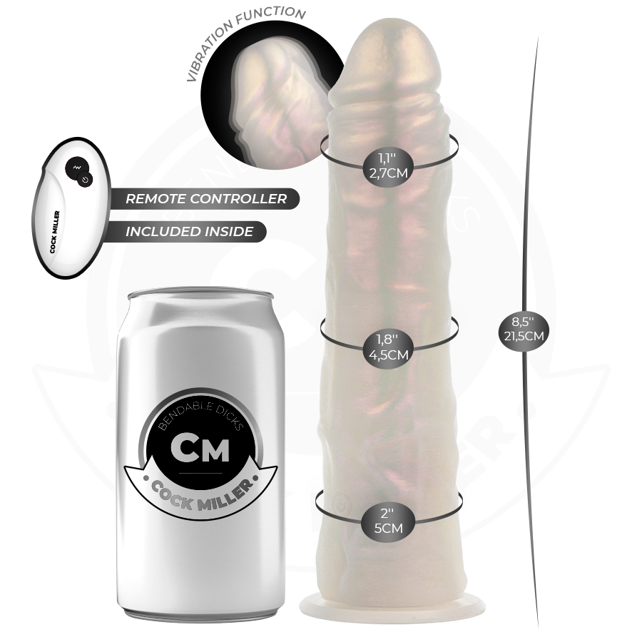 Dildo con ventosa e vibrazione COCK MILLER, 21,5 cm, luci LED e telecomando, colore bianco, dettagli realistici.
