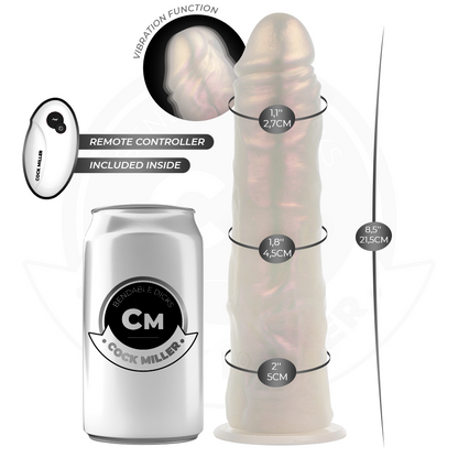 Dildo con ventosa e vibrazione COCK MILLER, 21,5 cm, luci LED e telecomando, colore bianco, dettagli realistici.