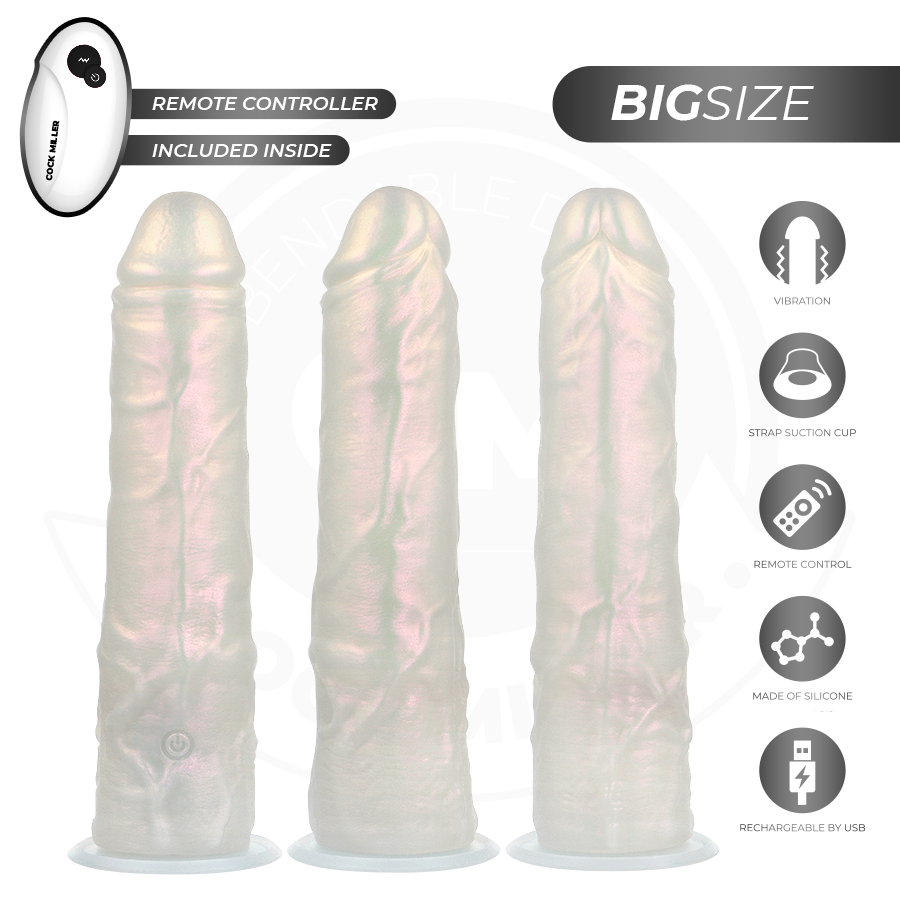 Dildo con ventosa COCK MILLER, luci e vibrazione, telecomando, colore bianco, lunghezza 21,5 cm, in plastica liscia.