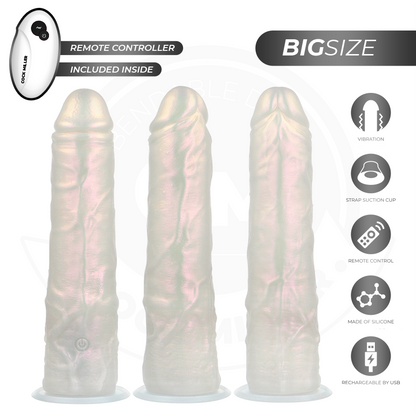 Dildo con ventosa COCK MILLER, luci e vibrazione, telecomando, colore bianco, lunghezza 21,5 cm, in plastica liscia.