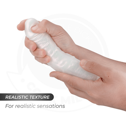 Dildo Cock Miller con ventosa, luci e vibrazione, telecomando, colore bianco, lunghezza 21,5 cm, dettagli visivi del prodotto.