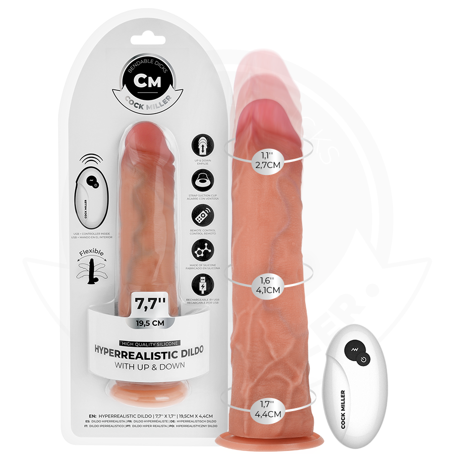 Dildo iperrealistico COCK MILLER con ventosa e telecomando, lunghezza 19,5 cm, dettagli realistici e design ergonomico.