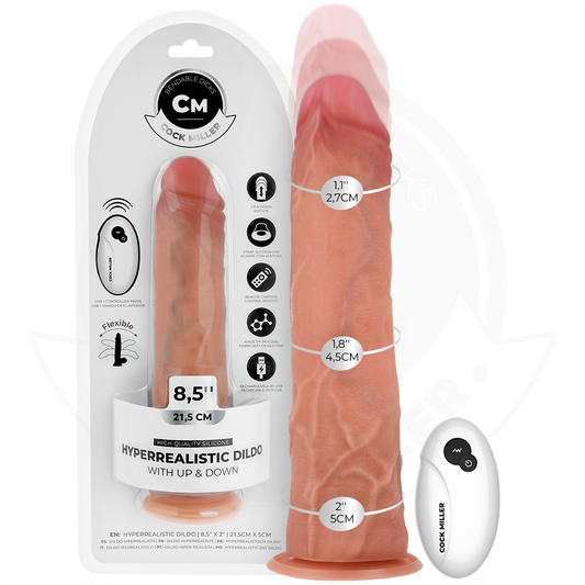 Dildo iperrealistico COCK MILLER con ventosa e telecomando, lunghezza 21,5 cm, dettagli realistici e design ergonomico.