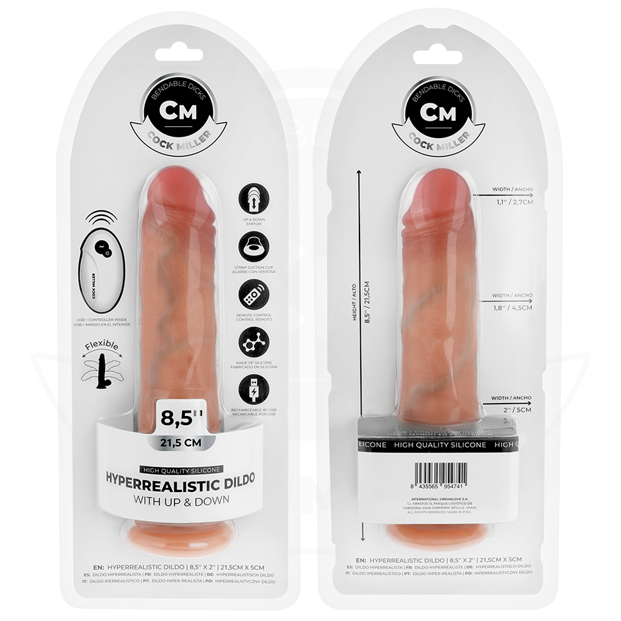 Dildo iperrealistico COCK MILLER con ventosa e telecomando, lunghezza 21,5 cm, dettagli realistici e design ergonomico.