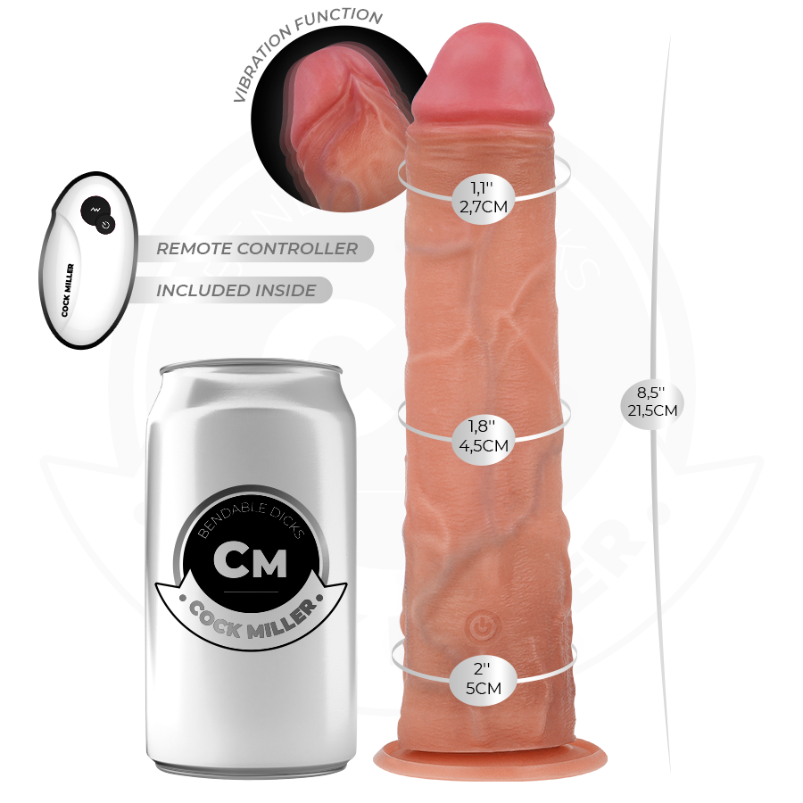 Dildo realistico COCK MILLER con ventosa e vibrazione, telecomando, lunghezza 21,5 cm, dettagli realistici in silicone.