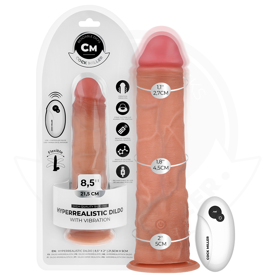 Dildo realistico COCK MILLER con ventosa, vibrazione e telecomando, lungo 21,5 cm, in silicone dettagliato e naturale.