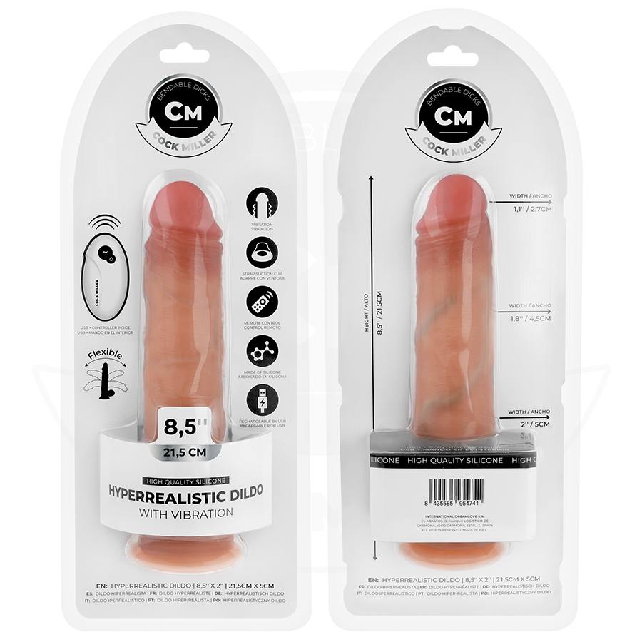 Dildo realistico con ventosa e vibrazione, marca Cock Miller, lunghezza 21,5 cm, con telecomando, dettagli realistici e maniglia.