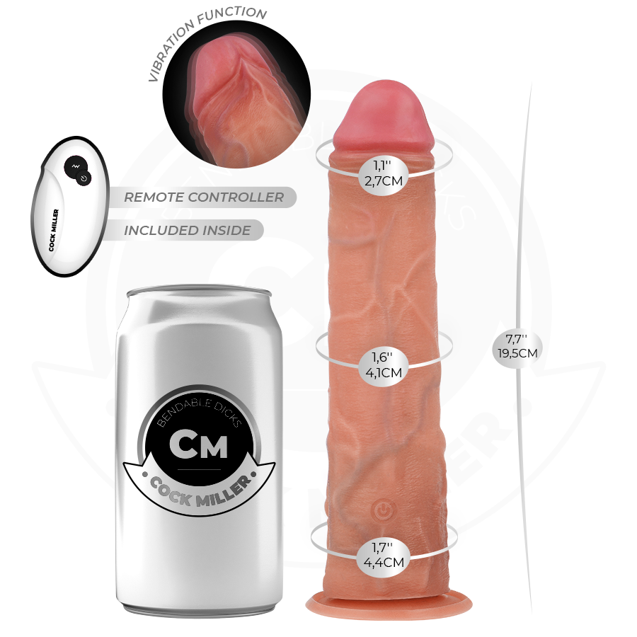 Dildo realistico COCK MILLER con ventosa e vibrazione telecomando, lunghezza 19,5 cm, dettagli realistici e superficie liscia.