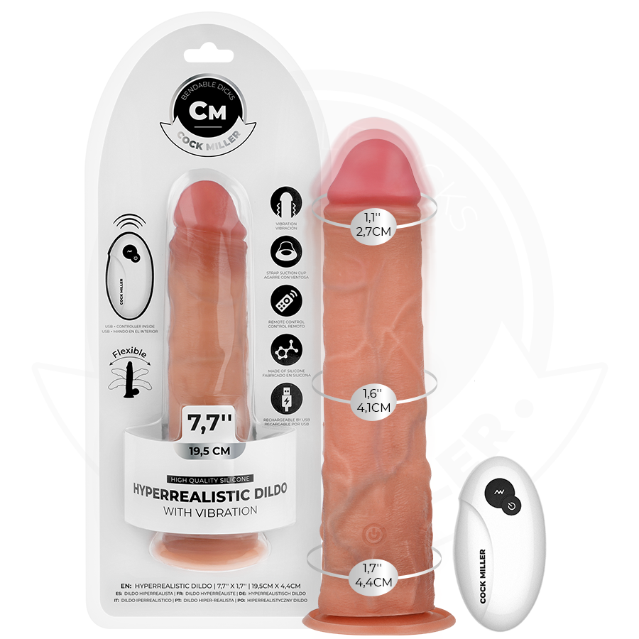 Dildo realistico COCK MILLER con ventosa e telecomando, lunghezza 19,5 cm, dettagli realistici e superficie liscia.
