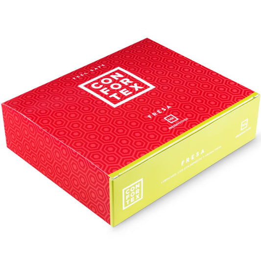 Preservativi Confortex alla fragola, confezione da 144 unità, dettagli visivi del packaging e delle confezioni.