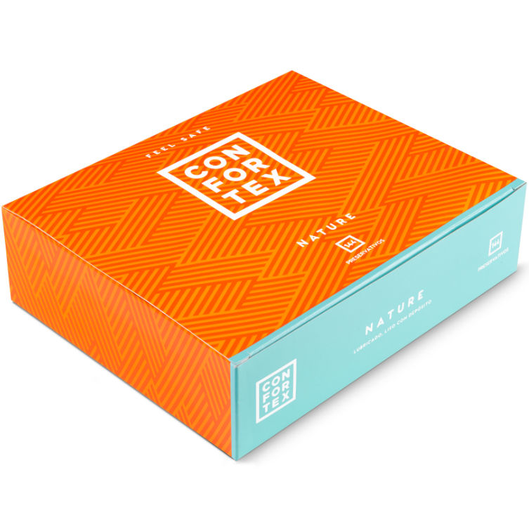 Preservativi Confortex Nature Box, confezione da 144 unità, con profilattici naturali e sicuri per protezione e piacere.