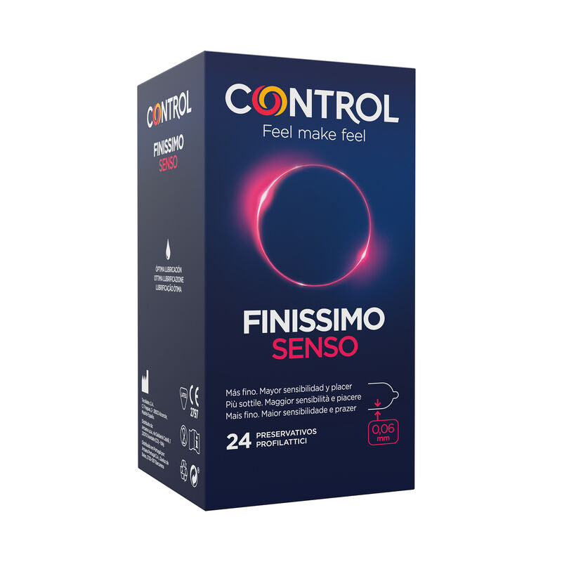 Confezione di 24 preservativi CONTROL ADAPTA CONDOMS in lattice naturale, visibili nella confezione aperta.